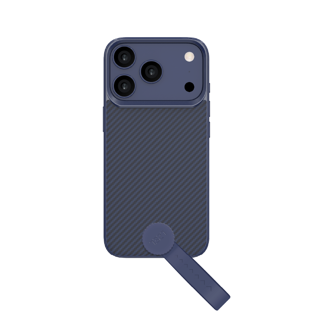 LZEL MagCarbon Strap Carbon Design with 360° Grip and Raised-Edge Protection Case for iPhone 17 Pro | Dark Blue
