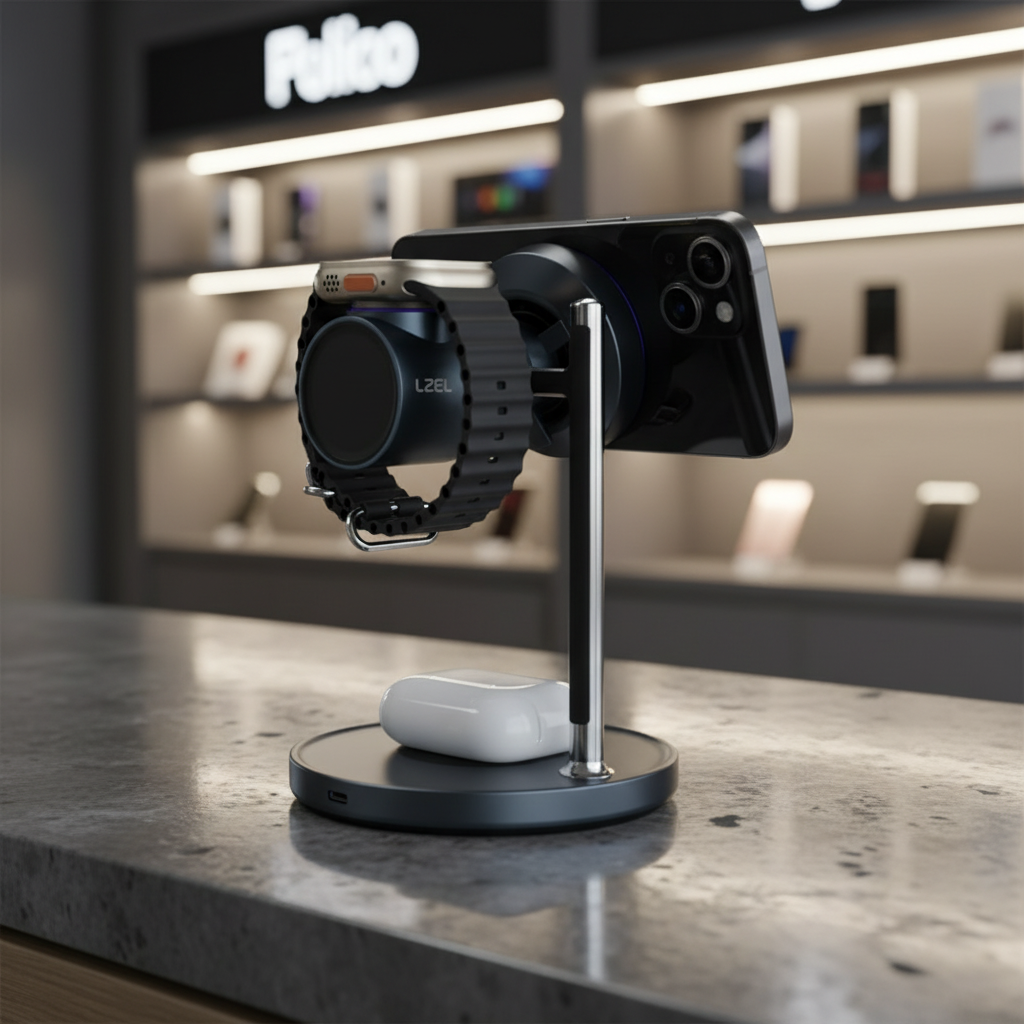 شاحن لاسلكي مكتبي من LZEL FlexDock Series 3-in-1 مغناطيسي | أسود