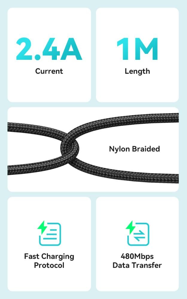 BWOO Aluminum Alloy Charger Cable Nylon Braided Cable 1M | USB-A to USB-C