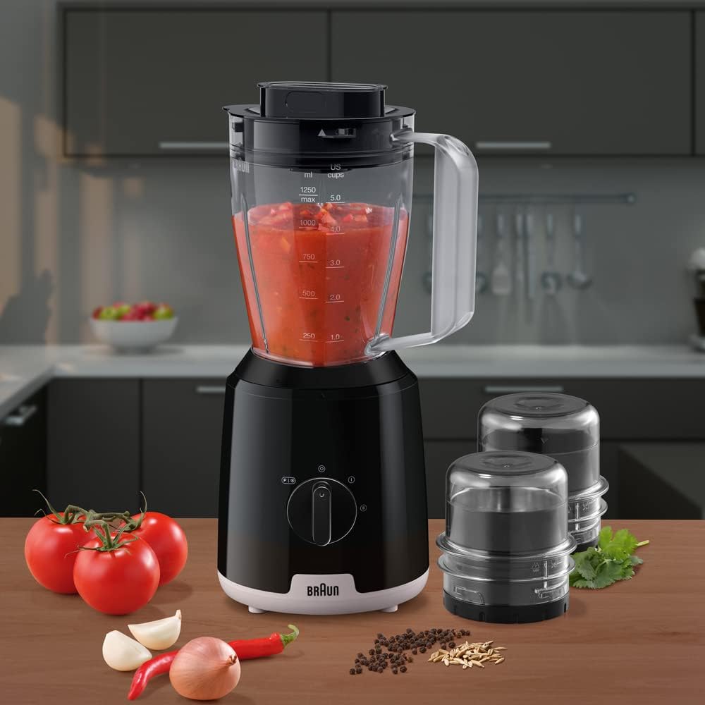 Braun PowerBlend 1 Jug Blender JB 1023 BK, 600 Watts, 1.2L Capacity with Chopper and Grinder Included