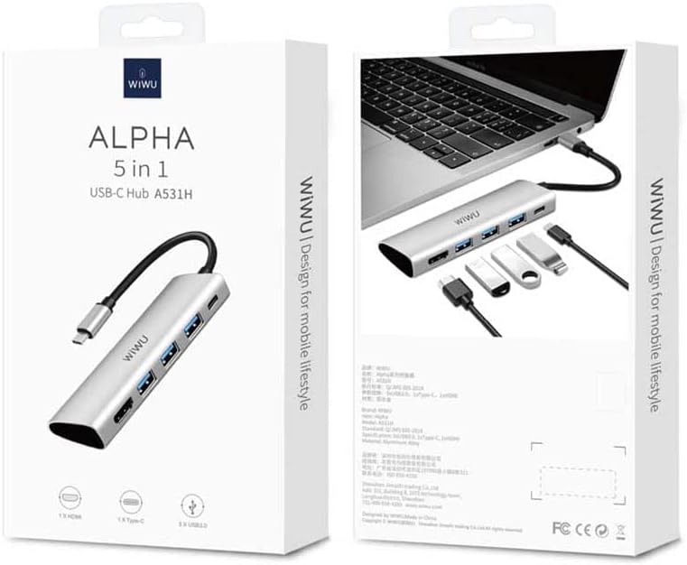موزع Alpha 5-in-1 USB-C متعدد المنافذ من Wiwu | رمادي