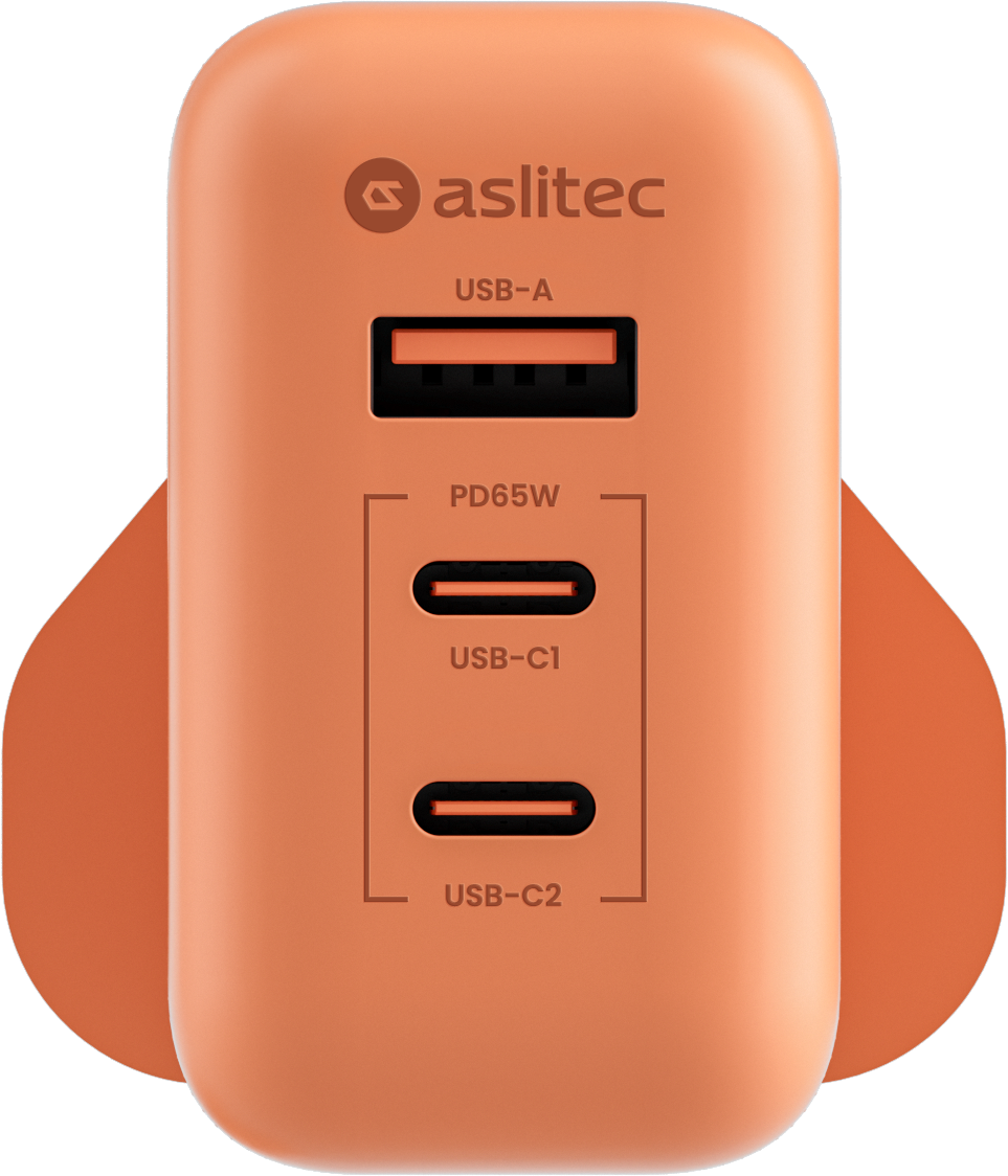 شاحن aslitec VexoraGaN بقدرة 65 واط – شاحن GaN مدمج بثلاثة منافذ USB-A وUSB-C مزدوج