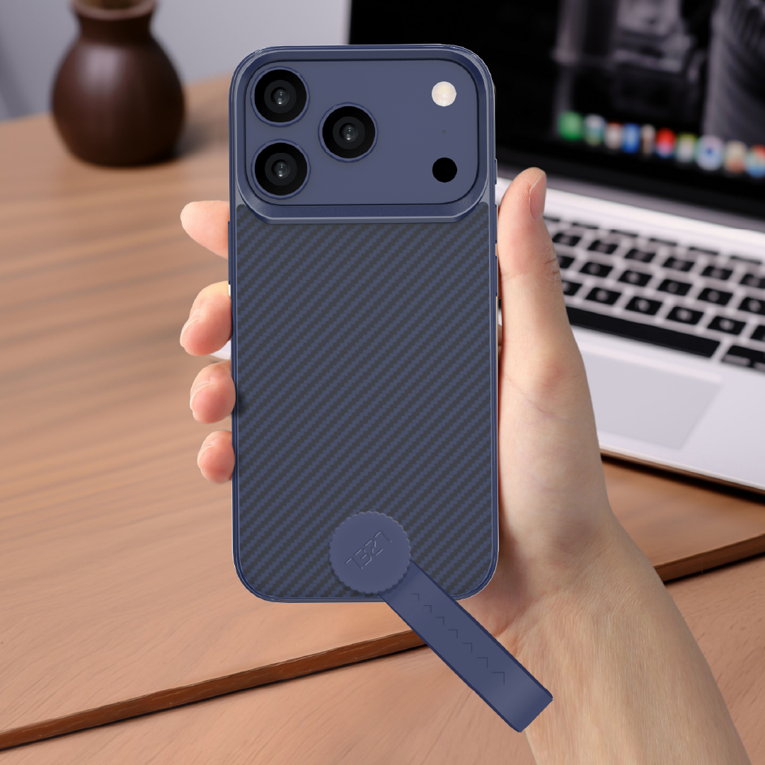 LZEL MagCarbon Strap Carbon Design with 360° Grip and Raised-Edge Protection Case for iPhone 17 Pro | Dark Blue