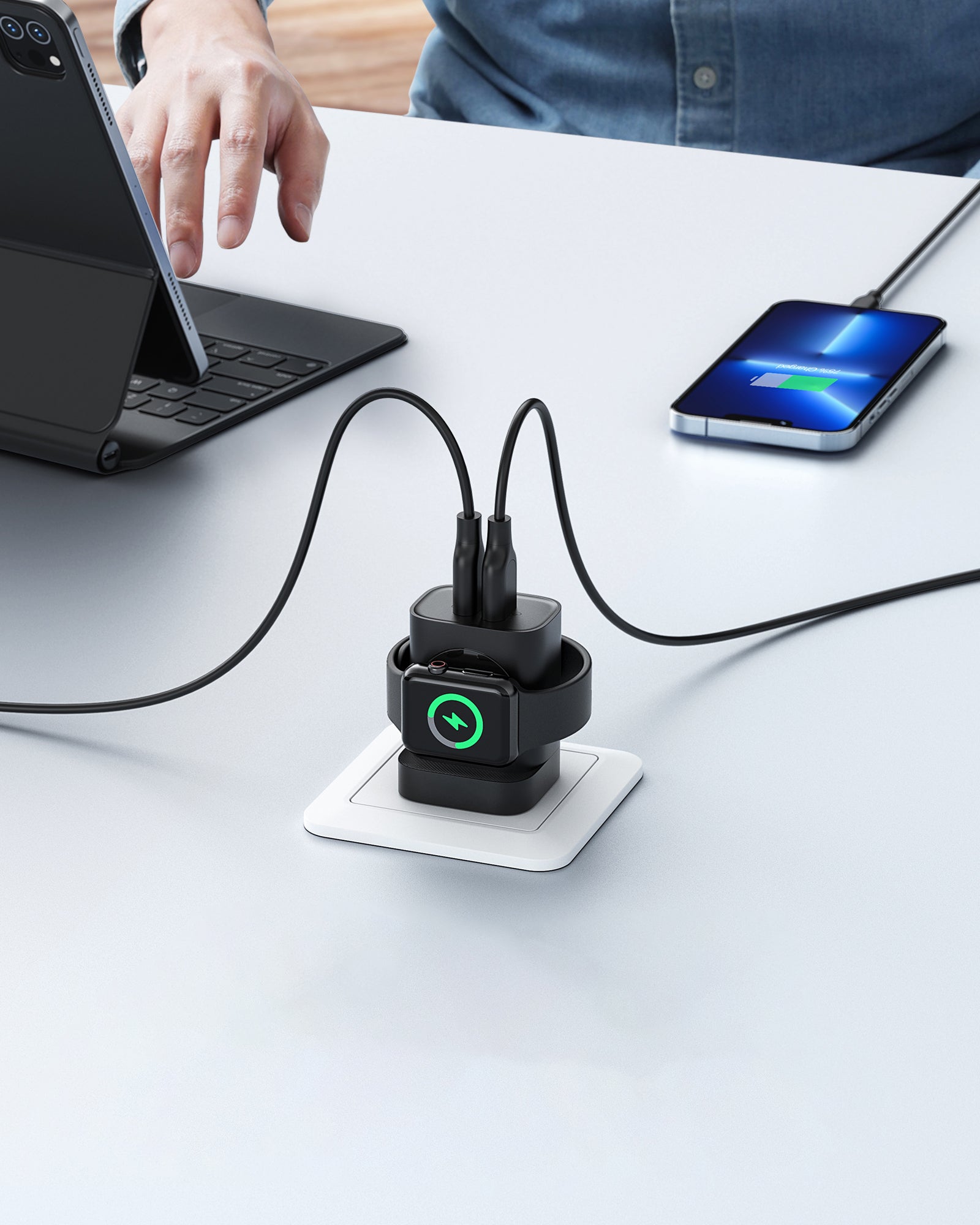 شاحن حائط فائق السرعة من أسلي جلوبال بتقنية  GaN PD,مع شاحن ساعة لاسلكي شحن ثلاثي 20 واط  | أسود