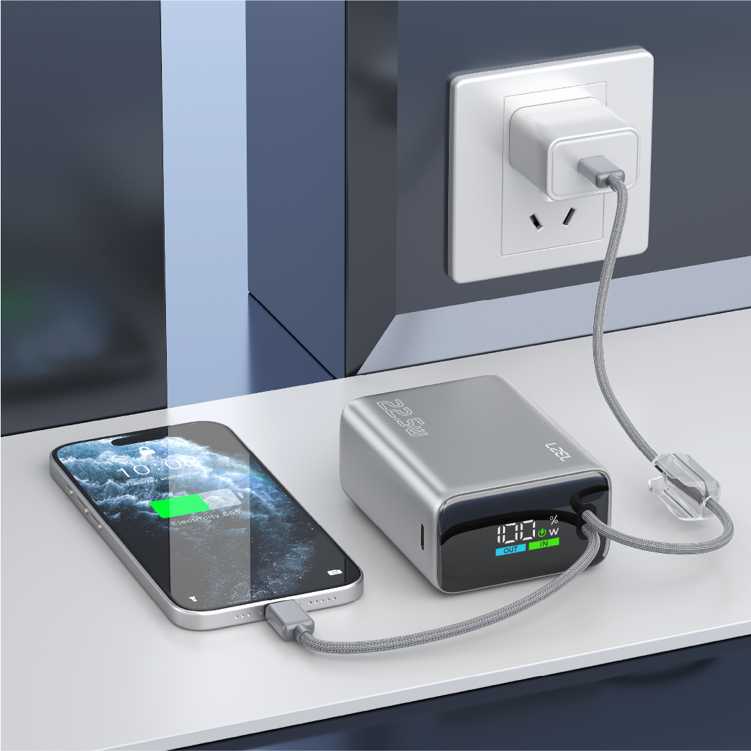 LZEL Neurovolt 15K Pd22.5W Mini Power Bank Pd3.0 & Qc3.0 | Usb-C Cable & Lightning Cable | Silver