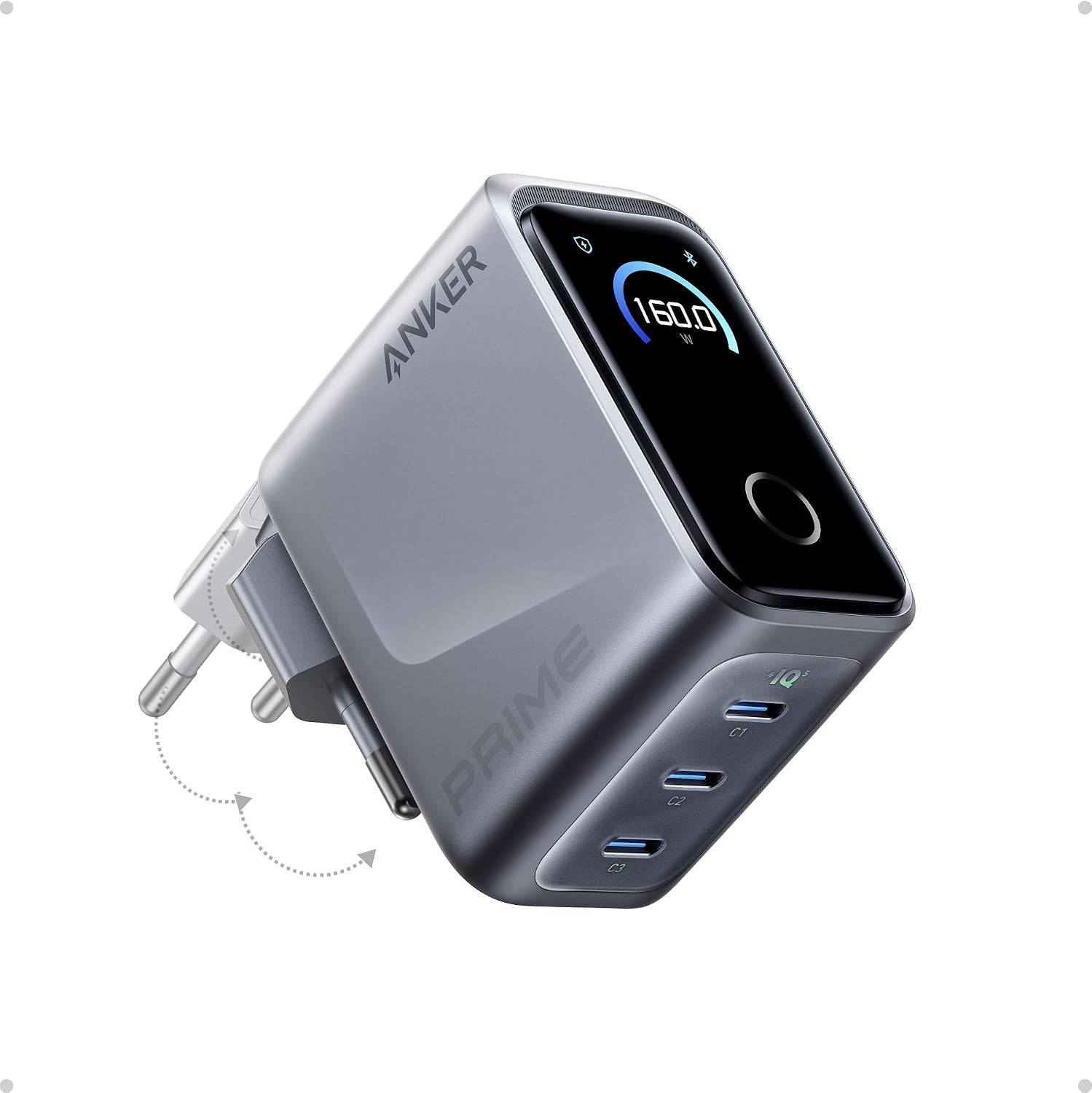 Anker Prime Charger – 160W, 3 Ports, Smart Display | Silver