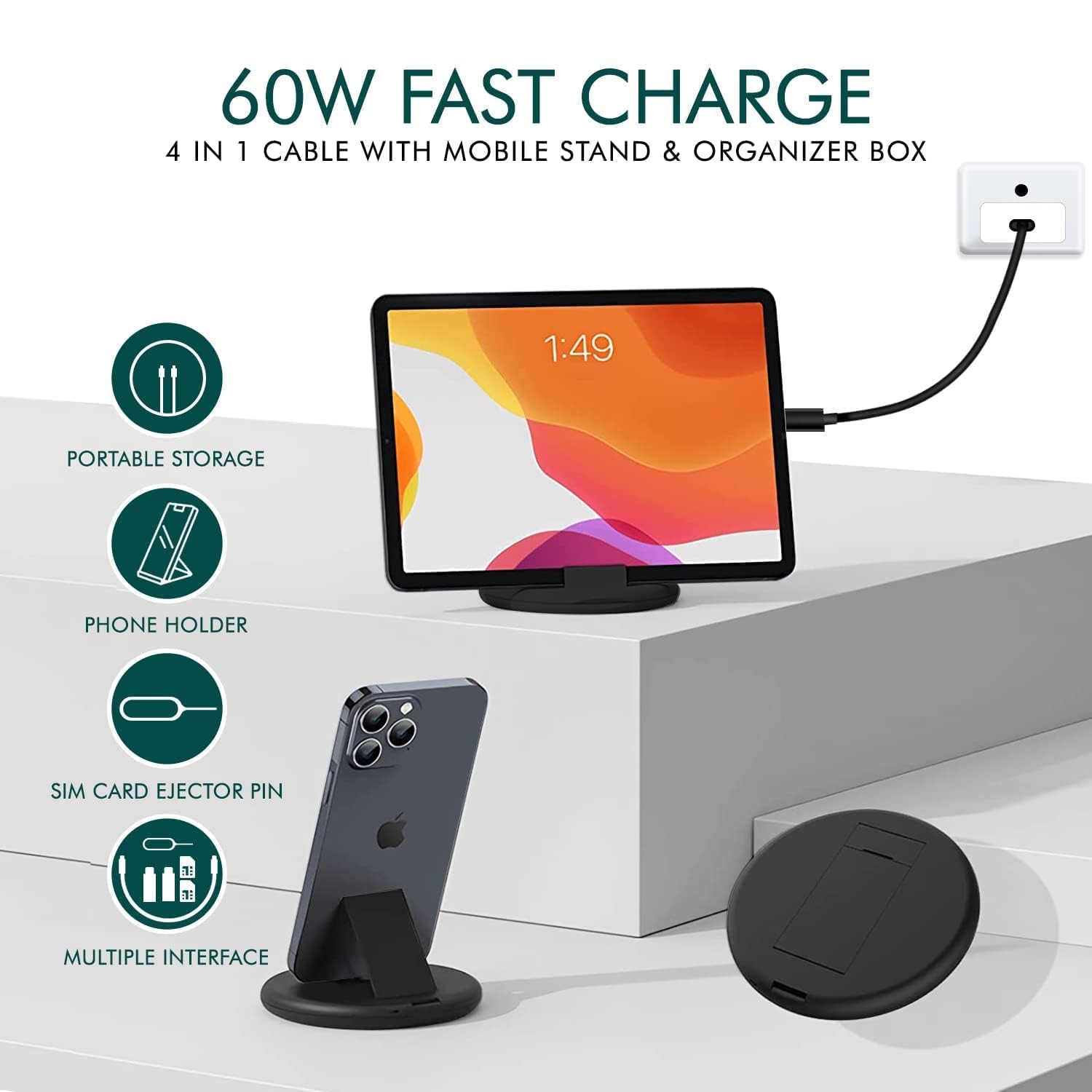 مجموعة محول كيبل شحن  USB Type-C إلى Micro USB / Lightning / USB-A – مع حامل هاتف | أزرق