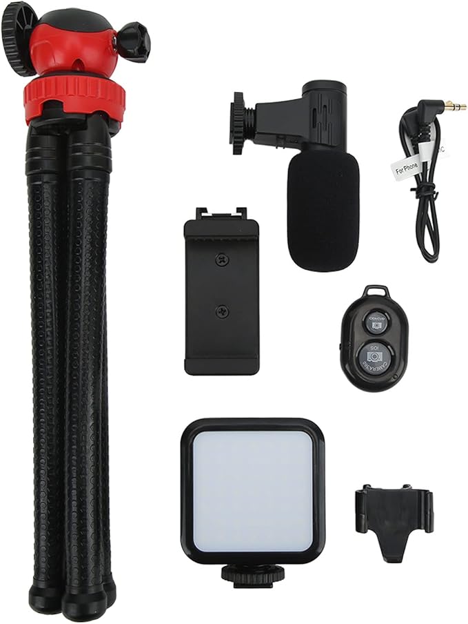 Vlogging Kit Smartphone Video Rig Kit Includes 1 LED Light 1 Tripod 1 Microphone 1 Phone Holder 1 Remote Control for Photography Recording