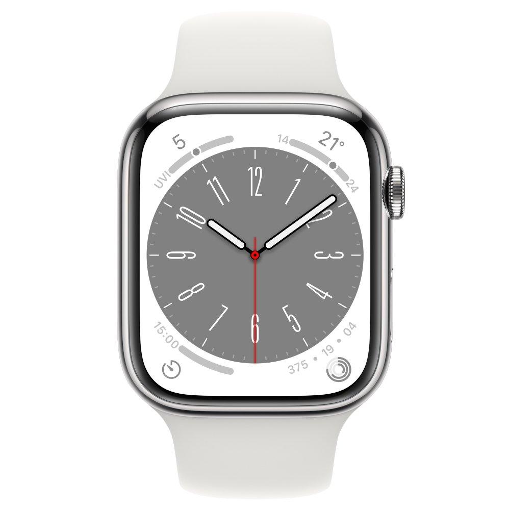 ساعة آبل واتش سيريس 8 GPS + Cellular مقاس 45 ملم بهيكل من الستانلس ستيل الفضي مع سوار رياضي أبيض