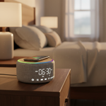 LZEL SonicGlow Horizon  Wake Multifunctional Speaker – Alarm Clock & Wireless Charging Dock | Bamboo/Gray