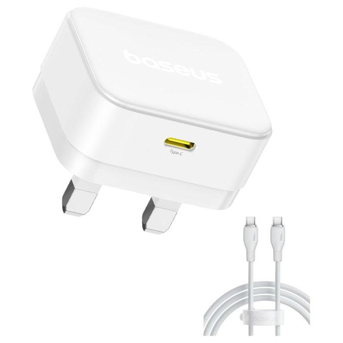 شاحن Baseus Palm سريع 1C بقوة 30 واط | أبيض مون (مع كبيل Baseus USB-C إلى USB-C بقوة 60 واط)