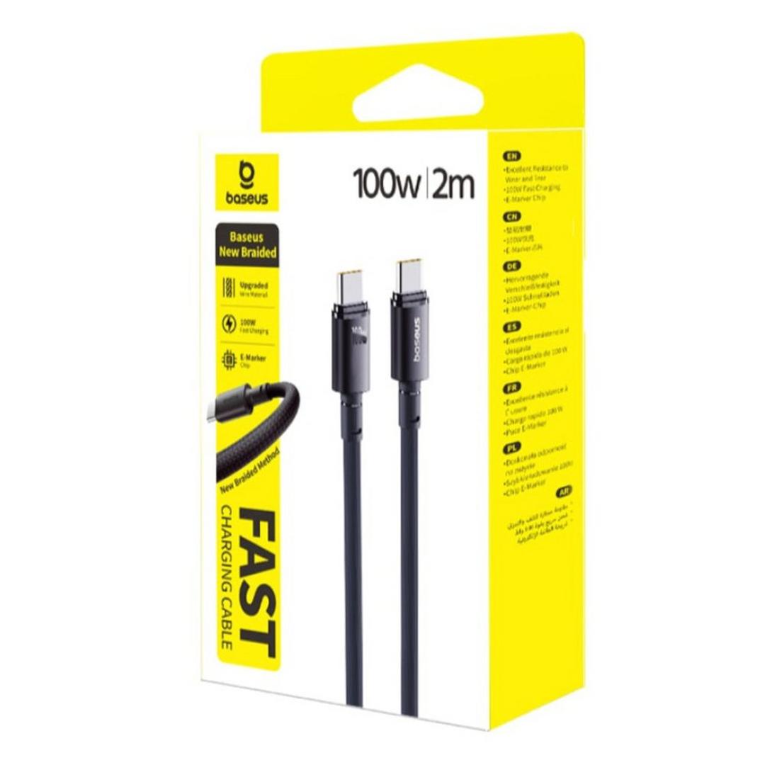 كيبل Baseus الجديد مضفر للشحن السريع USB-C إلى USB-C بقوة 100 واط بطول 2 متر | أسود