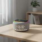 LZEL SonicGlow Horizon  Wake Multifunctional Speaker – Alarm Clock & Wireless Charging Dock | Bamboo/Gray