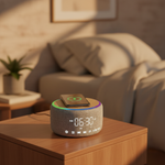 LZEL SonicGlow Horizon  Wake Multifunctional Speaker – Alarm Clock & Wireless Charging Dock | Bamboo/Gray