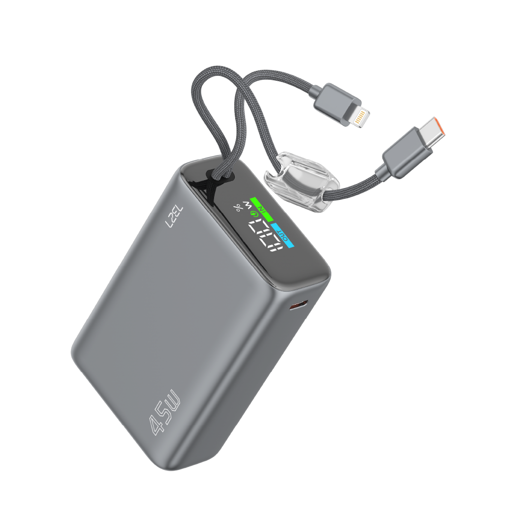 LZEL Neurode 20K Pd45W Mini Power Bank Pd3.0 & Qc3.0 | Usb-C Cable & Lighting Cable | Gray