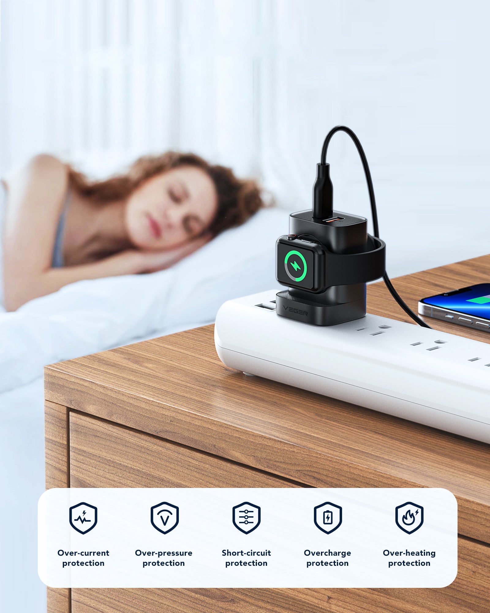 شاحن حائط فائق السرعة من أسلي جلوبال بتقنية  GaN PD,مع شاحن ساعة لاسلكي شحن ثلاثي 20 واط  | أسود