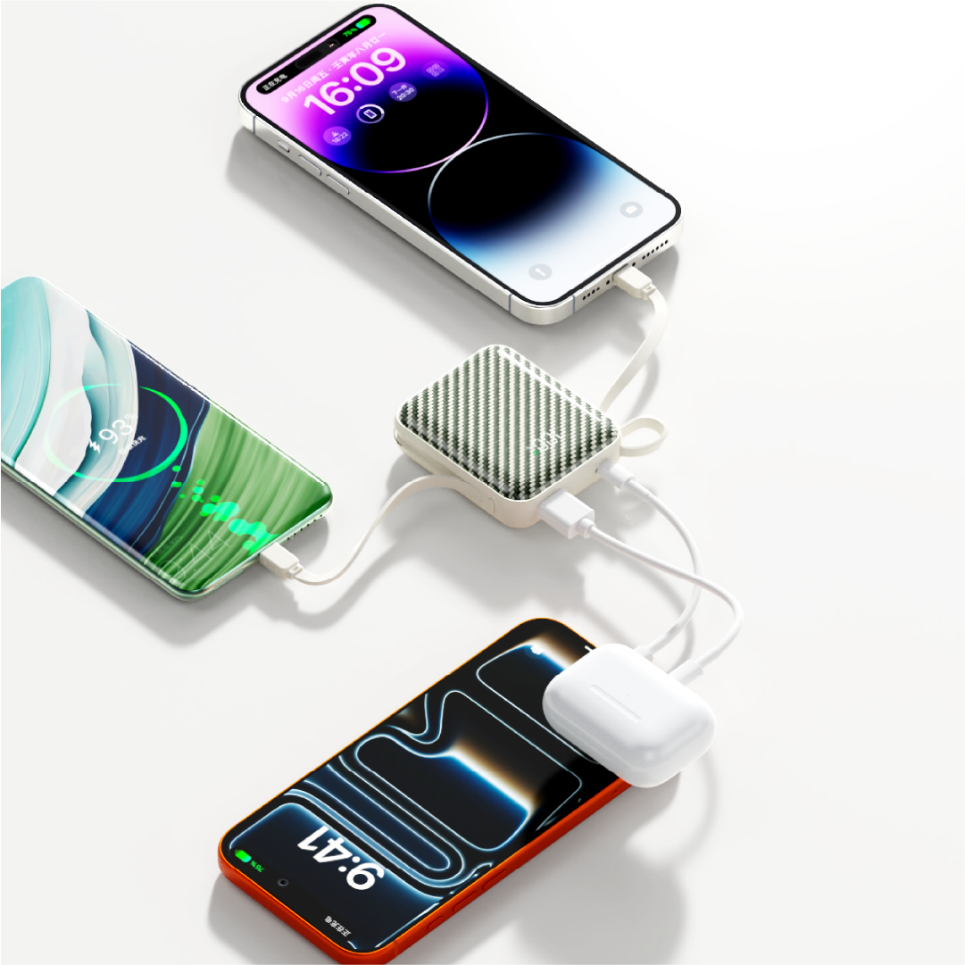 Asli ChargeFlux Mini بطارية متنقلة 10000 مللي أمبير مع كابلي USB-C وLightning مدمجين، شحن سريع PD بقدرة 35 واط | أخضر