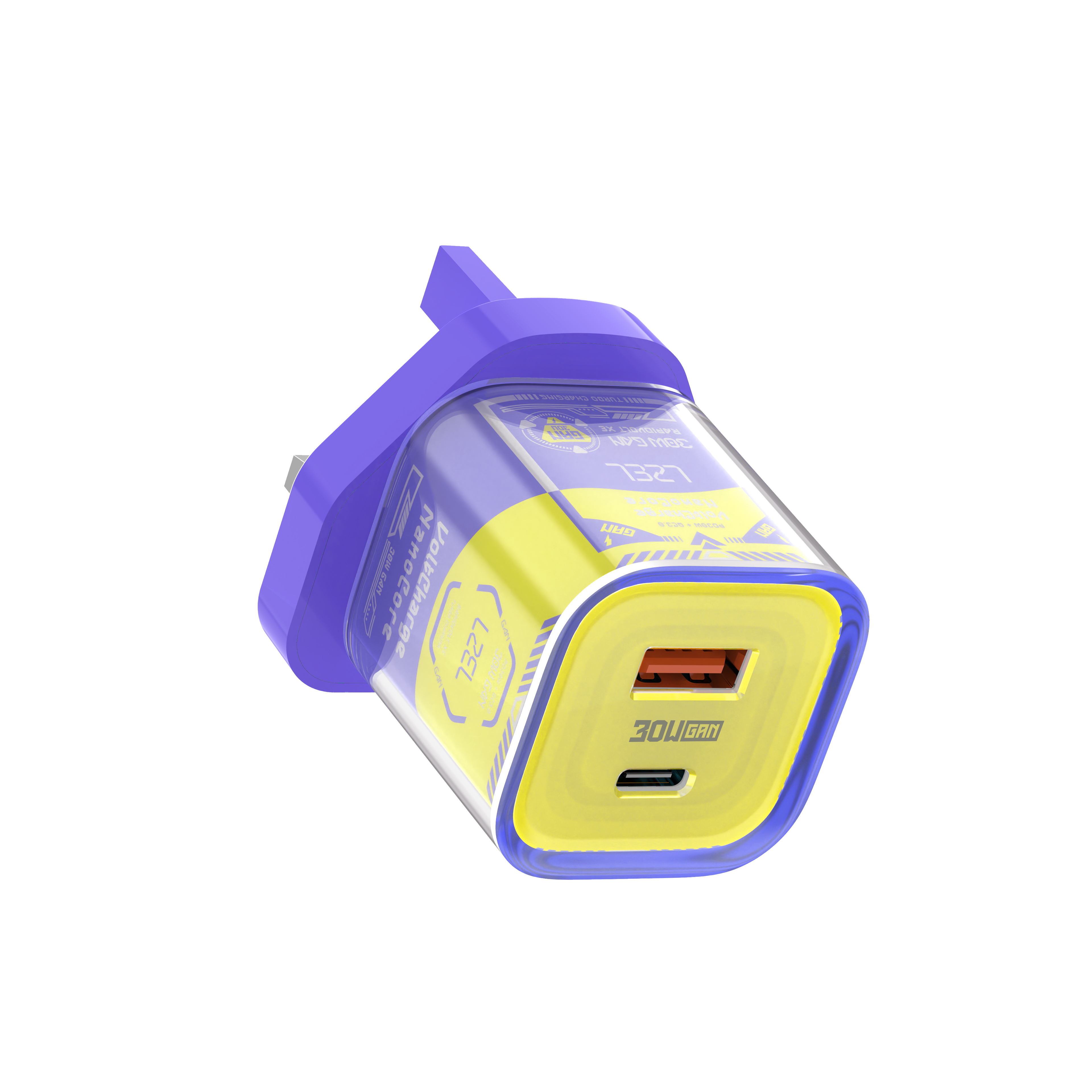 LZEL VoltCharge NanoCore – 30W GaN Transparent Wall Charger | Blue/Yellow