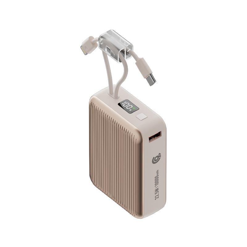 باور بانك من 90% percent بسعة 22.5 واط، مزود بكابلين مدمجين | Usb-C & Usb-A, And With Lightning | رمادي