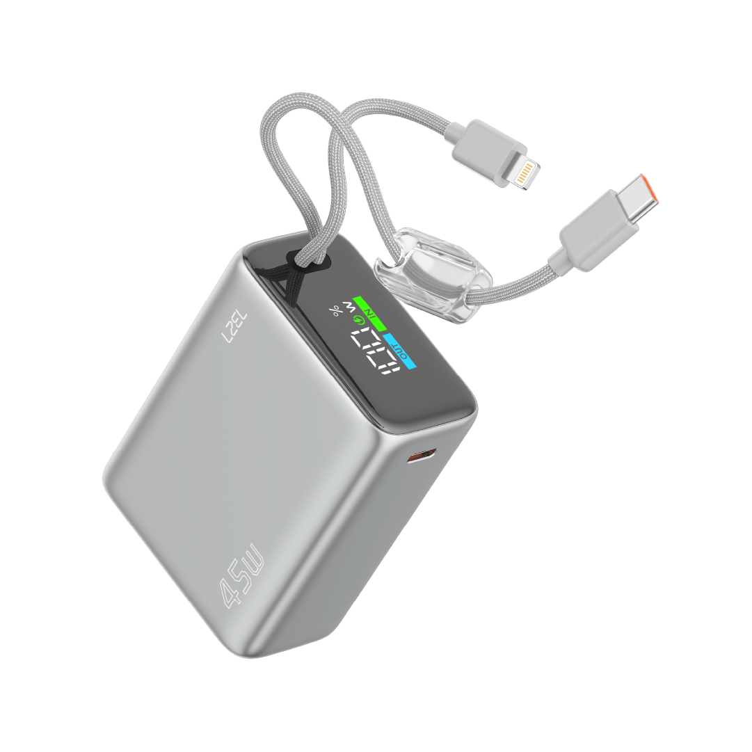 باور بانك من Lzel Neurovolt 15K PD 45W مع كابلات USB-C وLightning | فضي