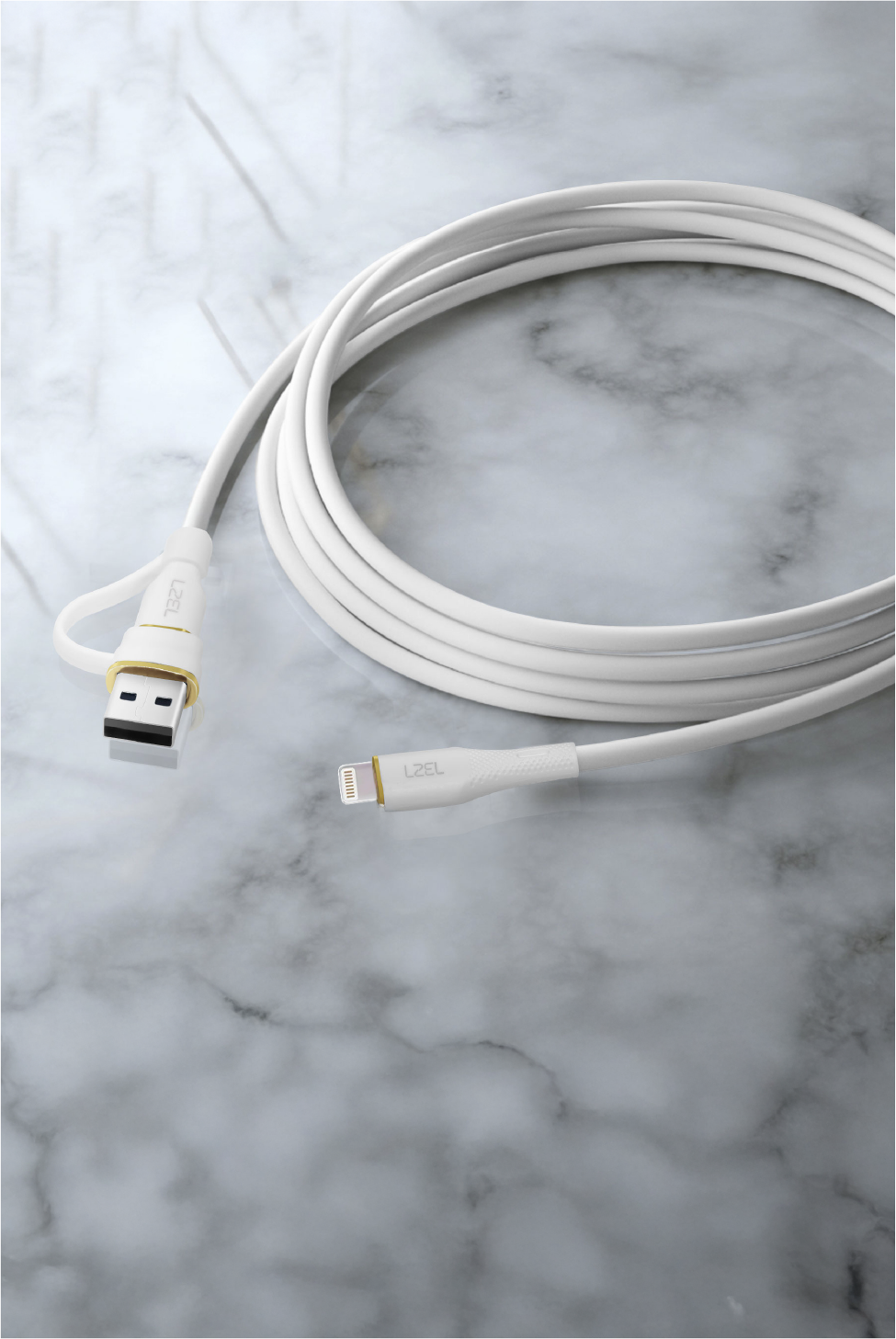 LZEL Celeris PowerDuo – 2-in-1 USB-C to Lightning 27W Silicone Cable (30cm) Built-in USB-A Connector | White