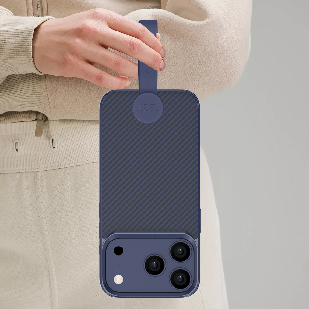 LZEL MagCarbon Strap Carbon Design with 360° Grip and Raised-Edge Protection Case for iPhone 17 Pro | Dark Blue