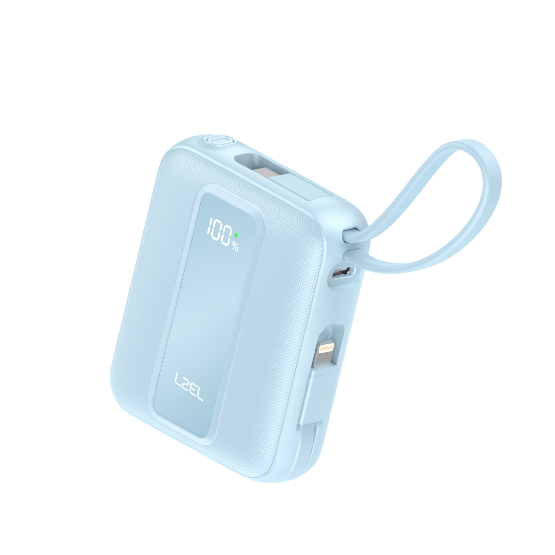 LZEL AMPNEO1O Mini 10000mAh PD Power Bank 30W | Built-in Type-C & Lightning Cable | Type-C Input/Output | Blue