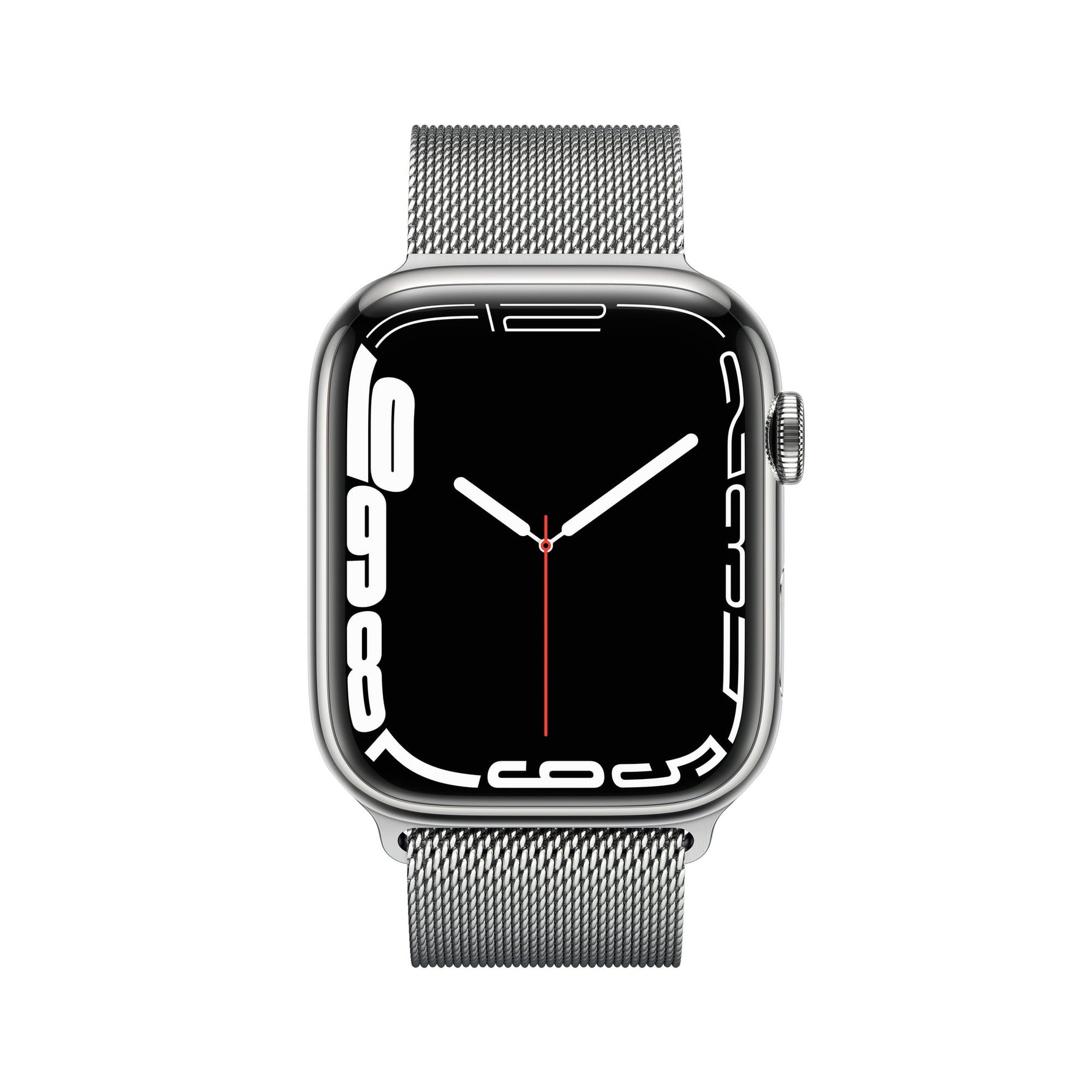 ساعة Apple Watch Series 7 (GPS + Cellular) مقاس 45 مم – هيكل ستانلس ستيل فضي مع سوار ميلانيز فضي