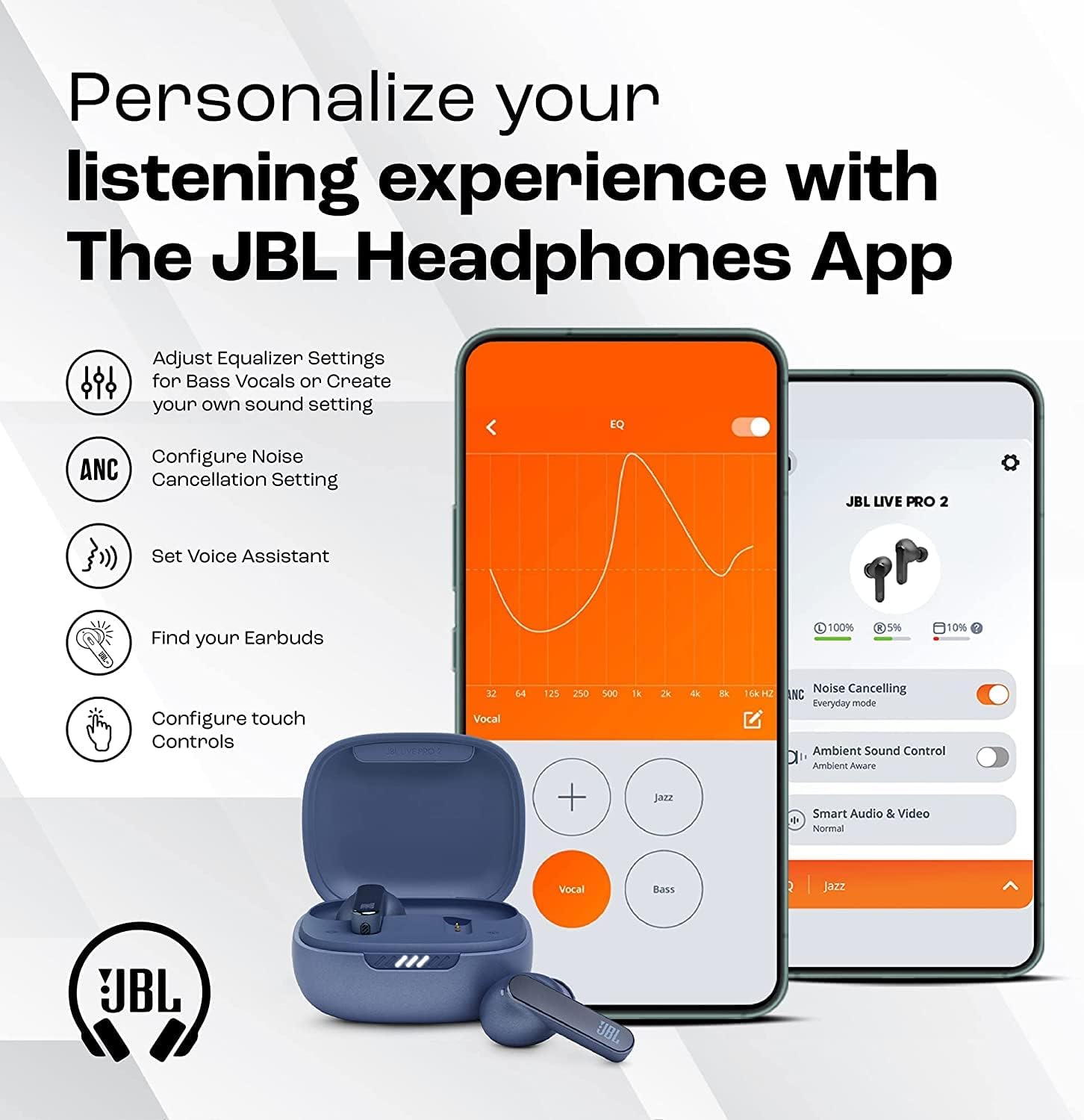 سماعات JBL Live Pro 2 اللاسلكية بتقنية إلغاء الضوضاء باللون الأزرق