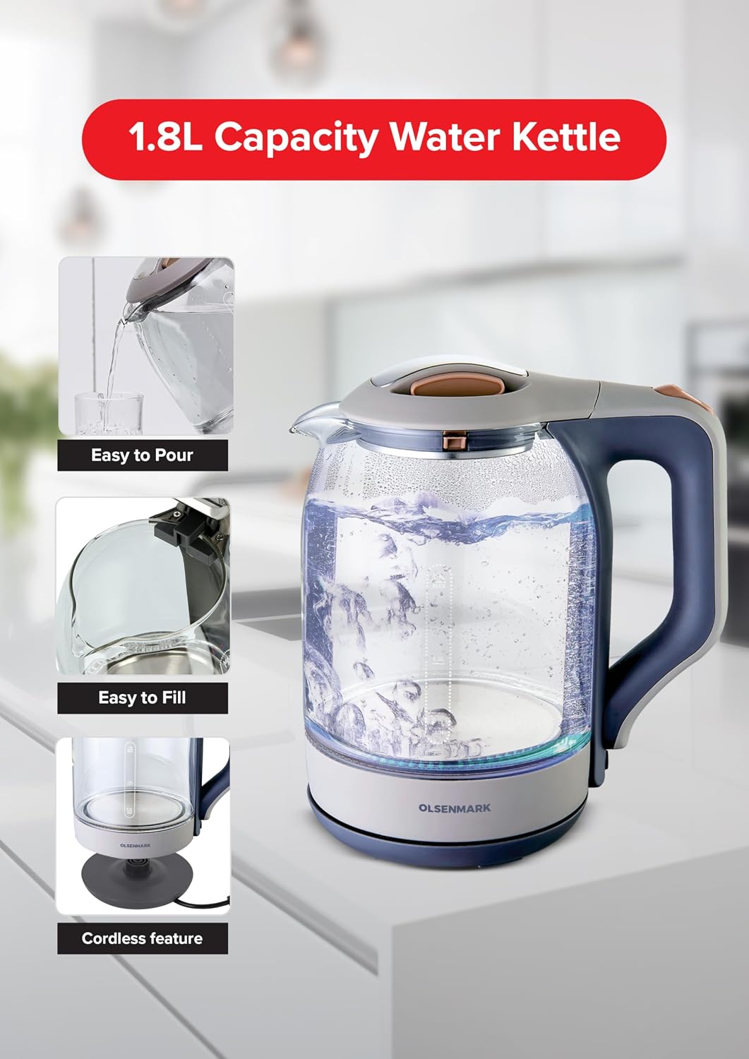 Olsenmark Illuminating Glass Kettle 1.8L 1500W