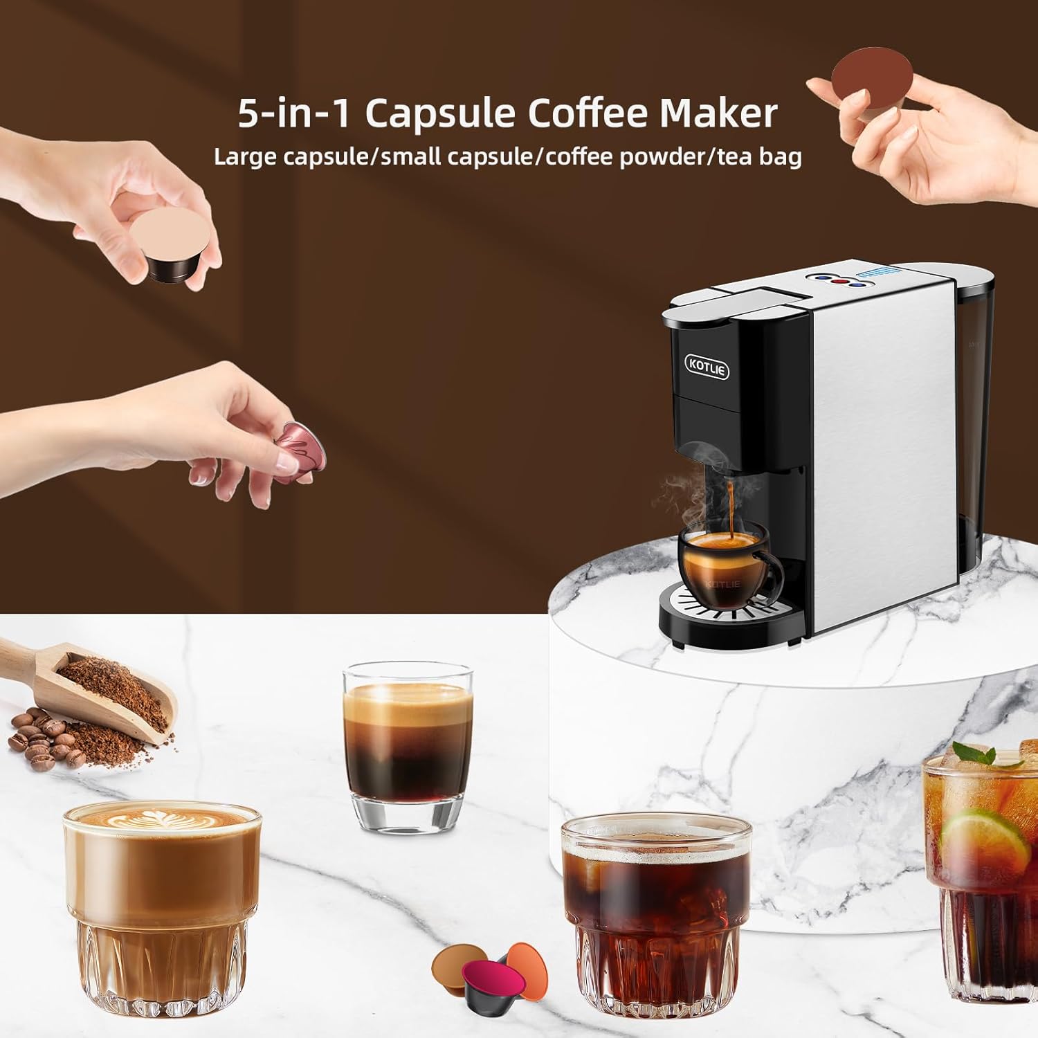 ماكينة قهوة Kotlie 5 in 1 – إسبرسو وكبسولات متعددة | ضغط 19 بار أوتوماتيكي