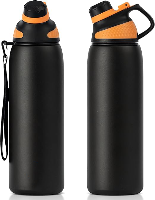 Asli Global 1000ml Stainless Steel Metal Canteen for Travel Water Bottle Black