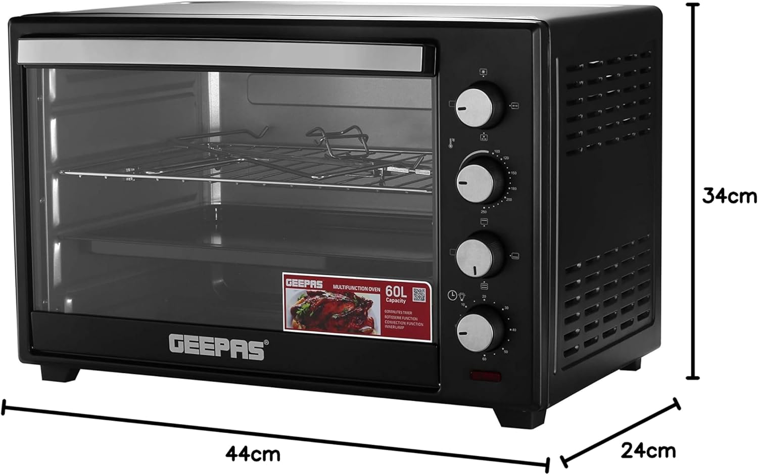 Geepas Electric Oven, 60L | 60 Minutes Timer | Inside Lamp | Stainless Steel Heating Elements | Heat Resistant Tempered Window | 2000W Power
