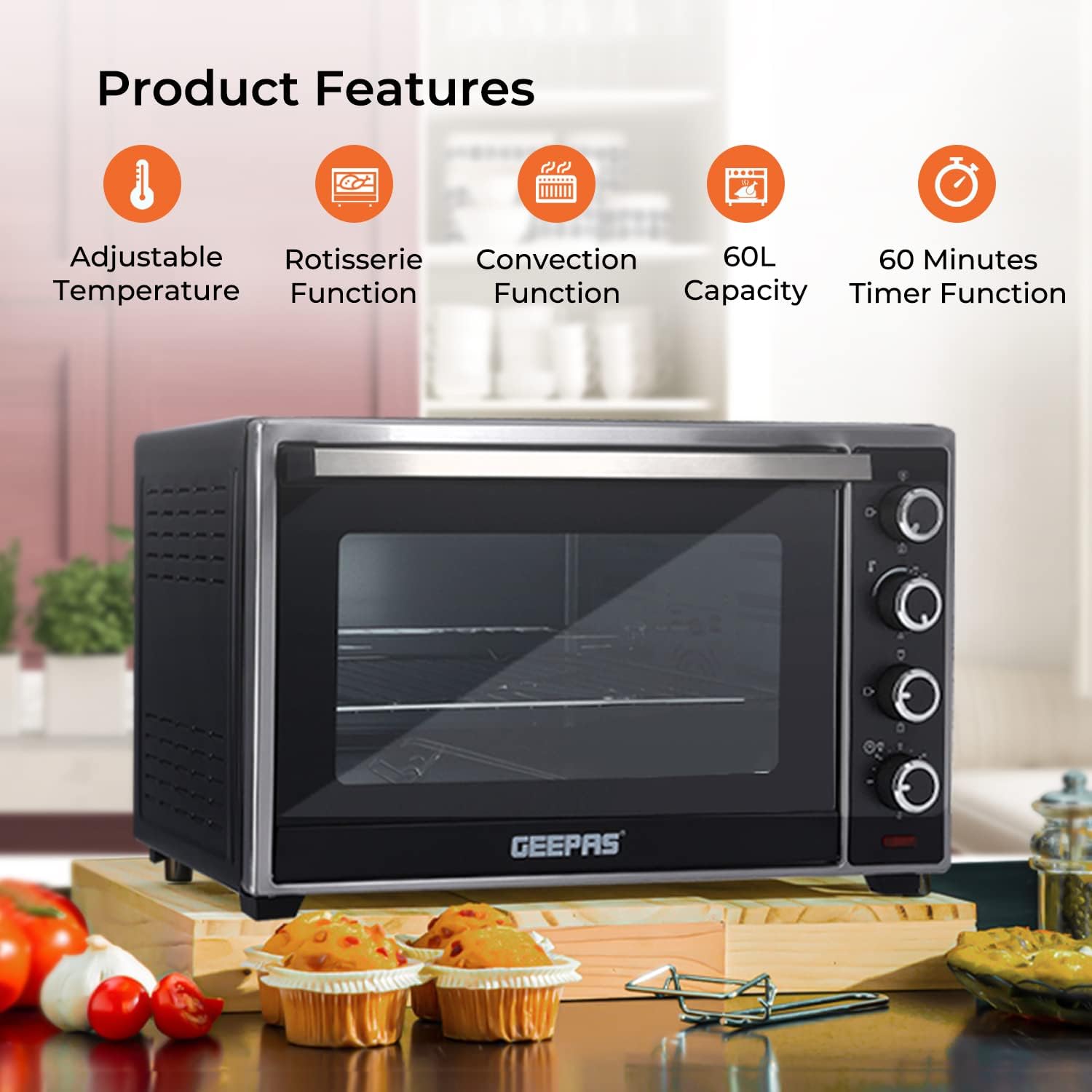 Geepas Electric Oven, 60L | 60 Minutes Timer | Inside Lamp | Stainless Steel Heating Elements | Heat Resistant Tempered Window | 2000W Power