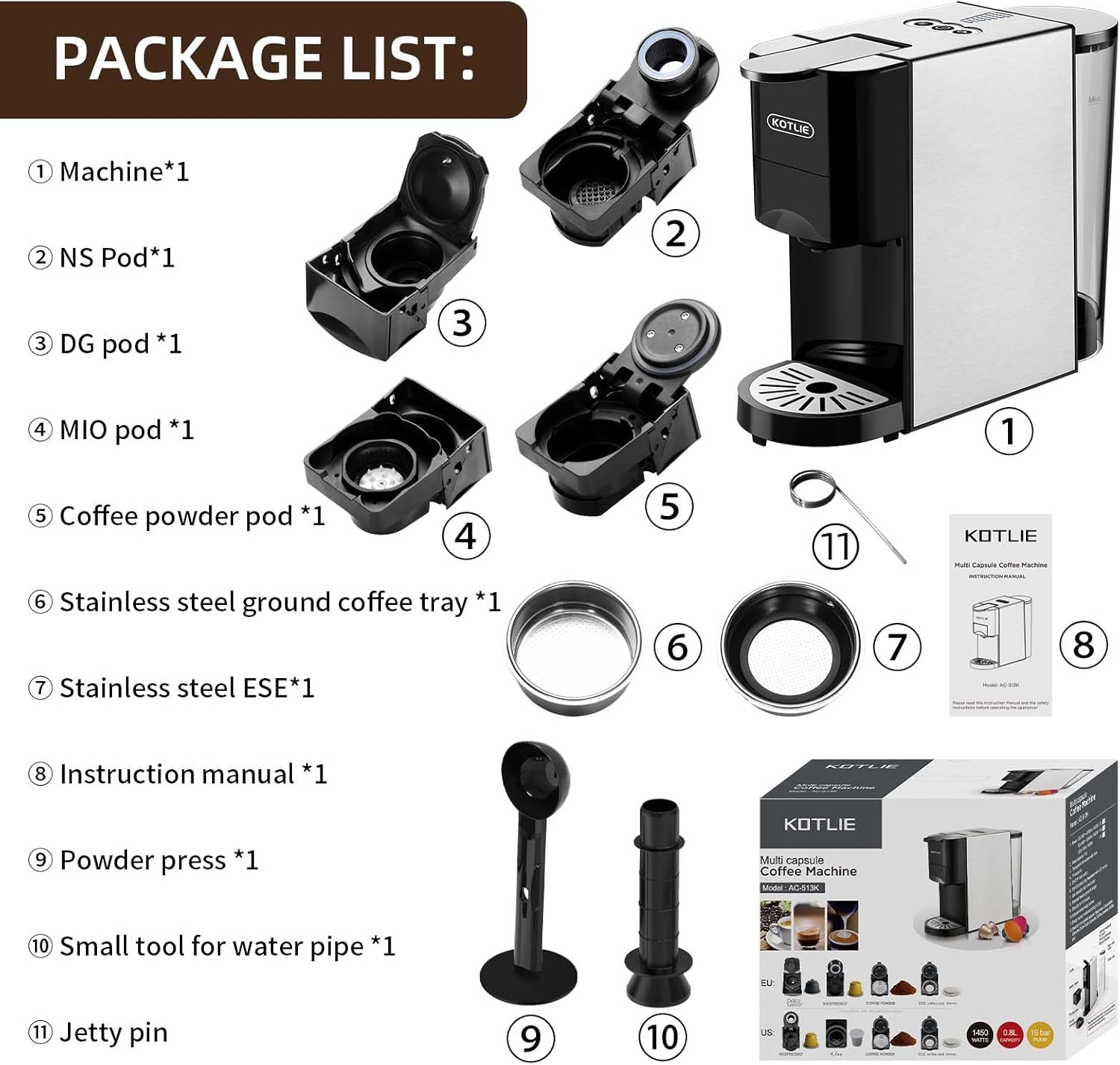 ماكينة قهوة Kotlie 5 in 1 – إسبرسو وكبسولات متعددة | ضغط 19 بار أوتوماتيكي