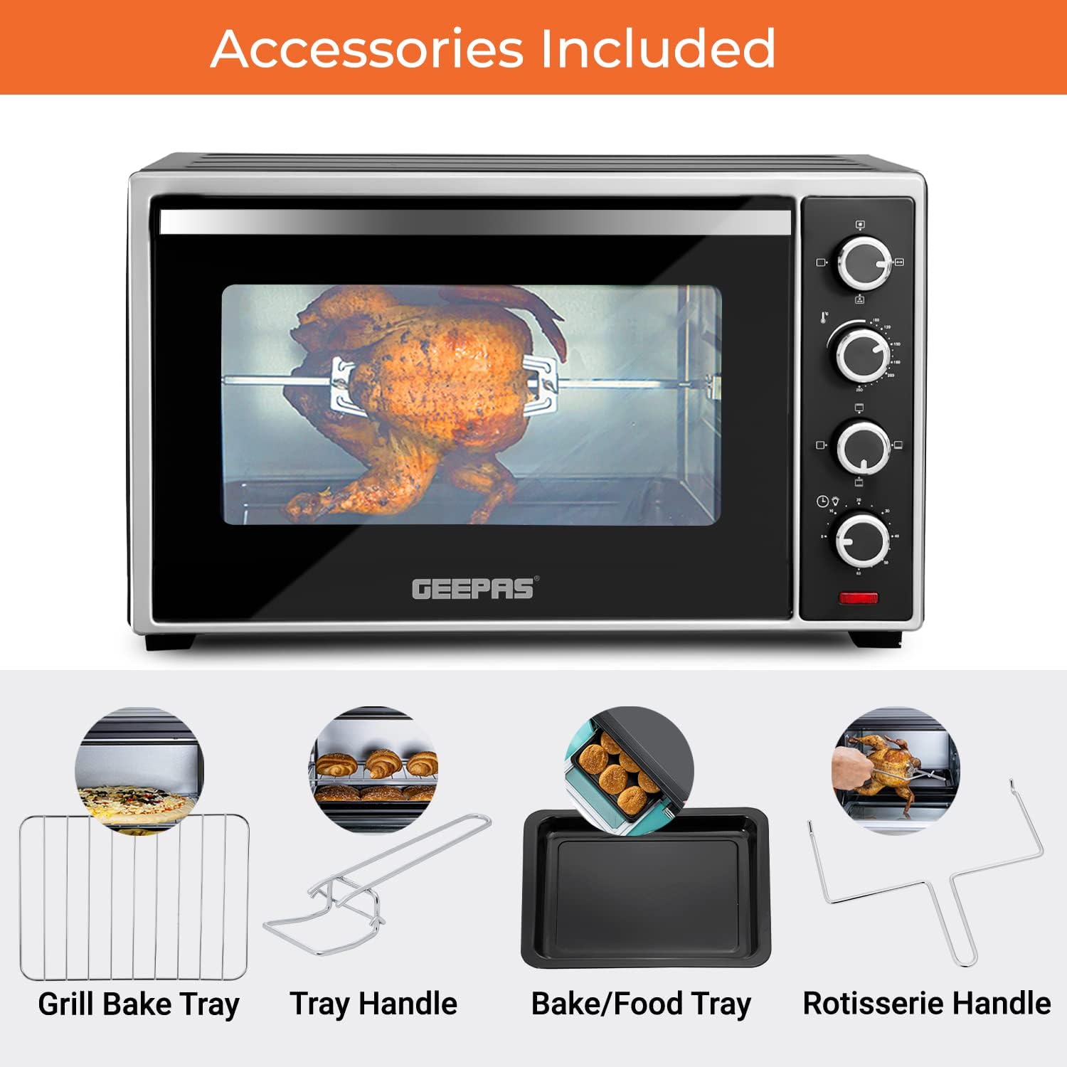 Geepas Electric Oven, 60L | 60 Minutes Timer | Inside Lamp | Stainless Steel Heating Elements | Heat Resistant Tempered Window | 2000W Power