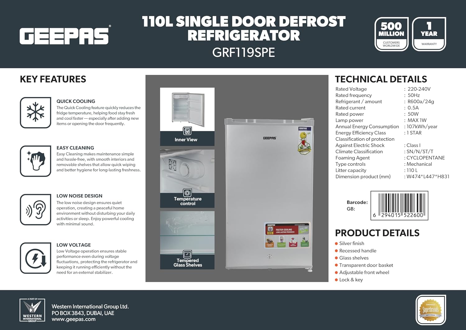 Geepas 110L Single Door Refrigerator - Free Standing Durable Double Door Refrigerator, Quick Cooling & Long-lasting Freshness, Low Noise, Defrost Refrigerator