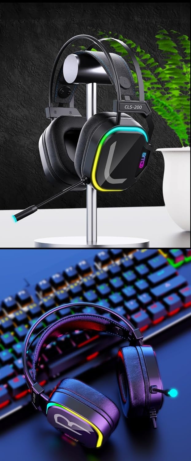 سماعة ألعاب Colusi CLS-200 سماعة رأس سلكية ميكروفون عازل للضوضاء، صوت محيطي ضوء RGB| أسود
