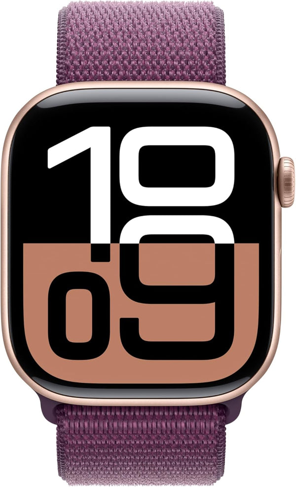 ساعة Apple Watch Series 10 GPS مقاس 46 مم بهيكل من الألومنيوم باللون الذهبي الوردي مع حزام رياضي باللون الأرجواني