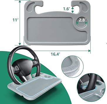 Steering Wheel Desk for Vehicles Cars For Laptop iPad, Food, Cup Holder Gray | STEERING WHEEL DESK