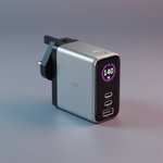 LZEL 140W GaN Travel Charger with 3-Port PD Digital Display & UK/EU/AU Plugs | Silver/Black