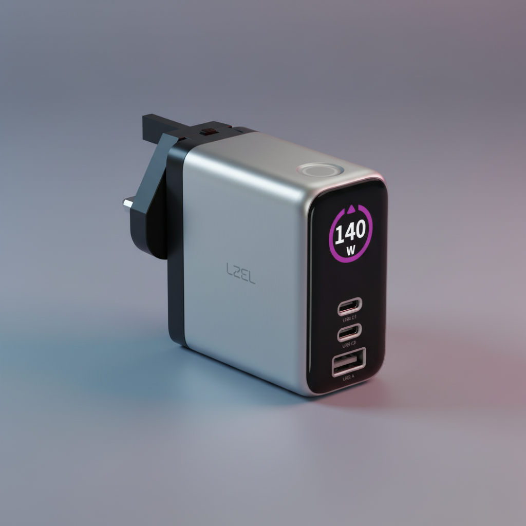 LZEL 140W GaN Travel Charger with 3-Port PD Digital Display & UK/EU/AU Plugs | Silver/Black