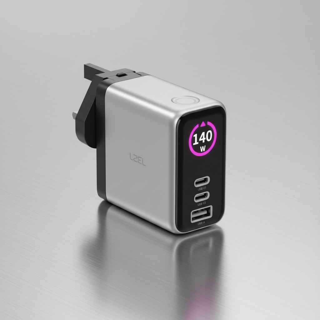 LZEL 140W GaN Travel Charger with 3-Port PD Digital Display & UK/EU/AU Plugs | Silver/Black