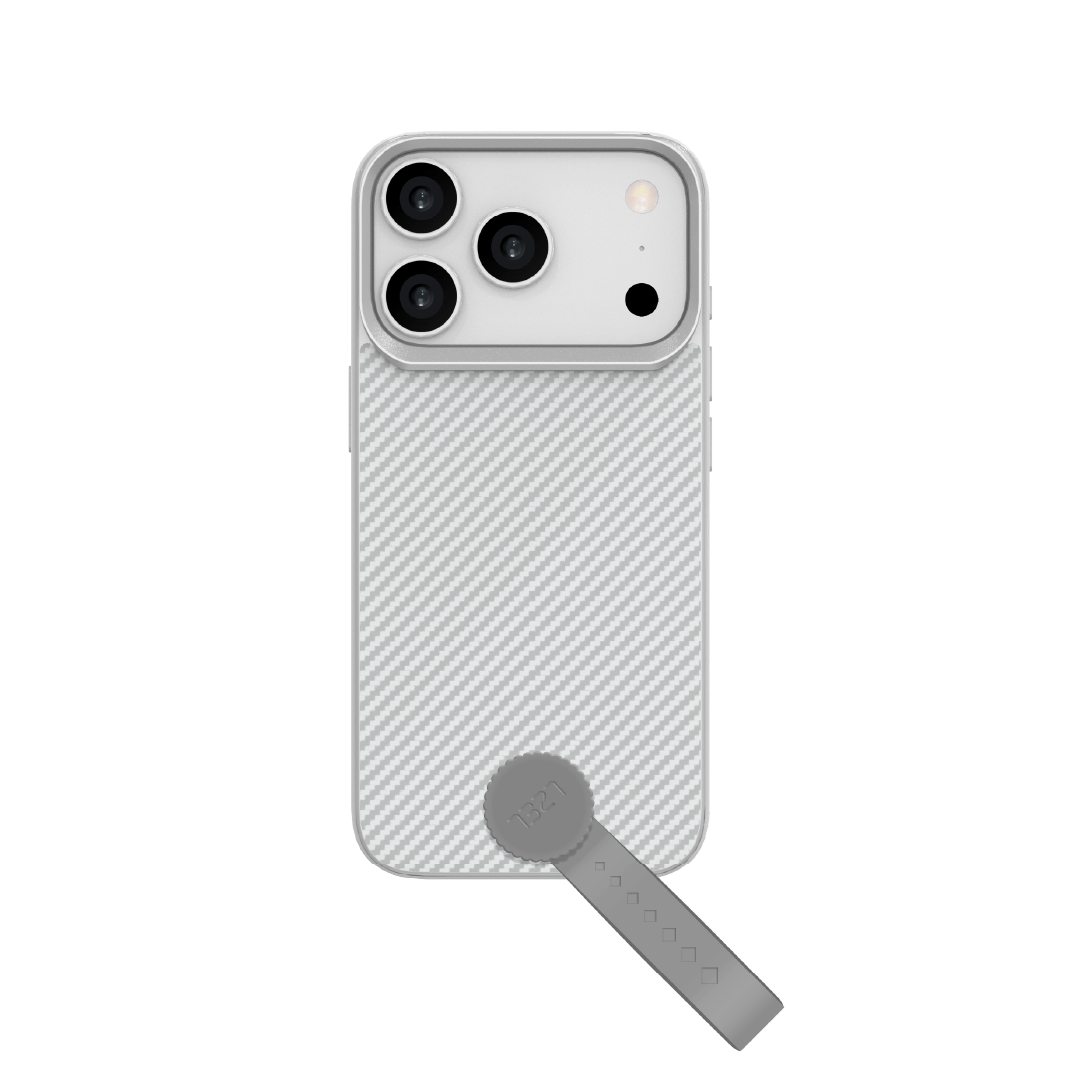 LZEL MagCarbon Strap Carbon Design with 360° Grip and Raised-Edge Protection Case for iPhone 17 Pro | Light Gray