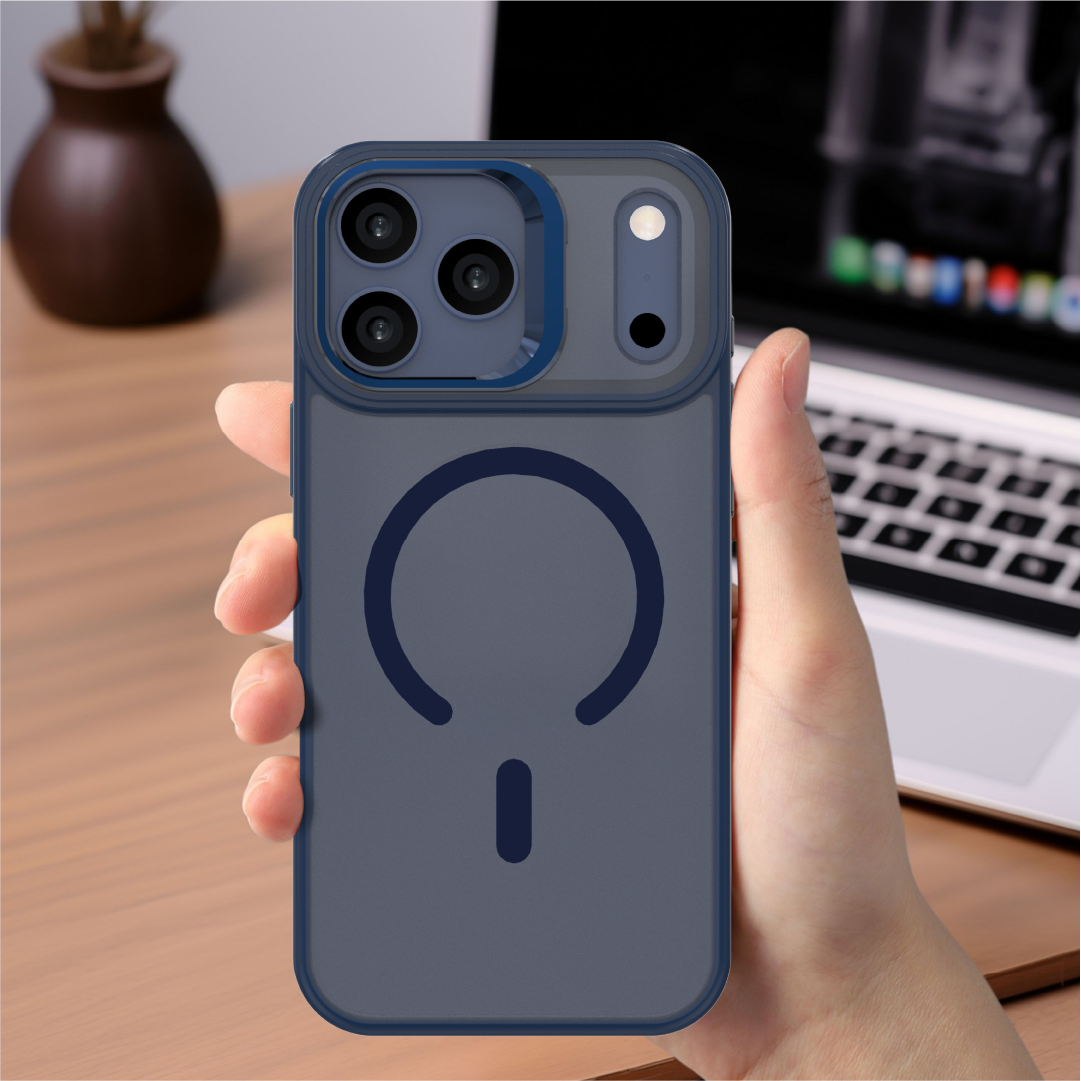 كڤر حماية بحامل معدني مدمج مع الكاميرا لهاتف iPhone 17 Pro Max | أزرق داكن