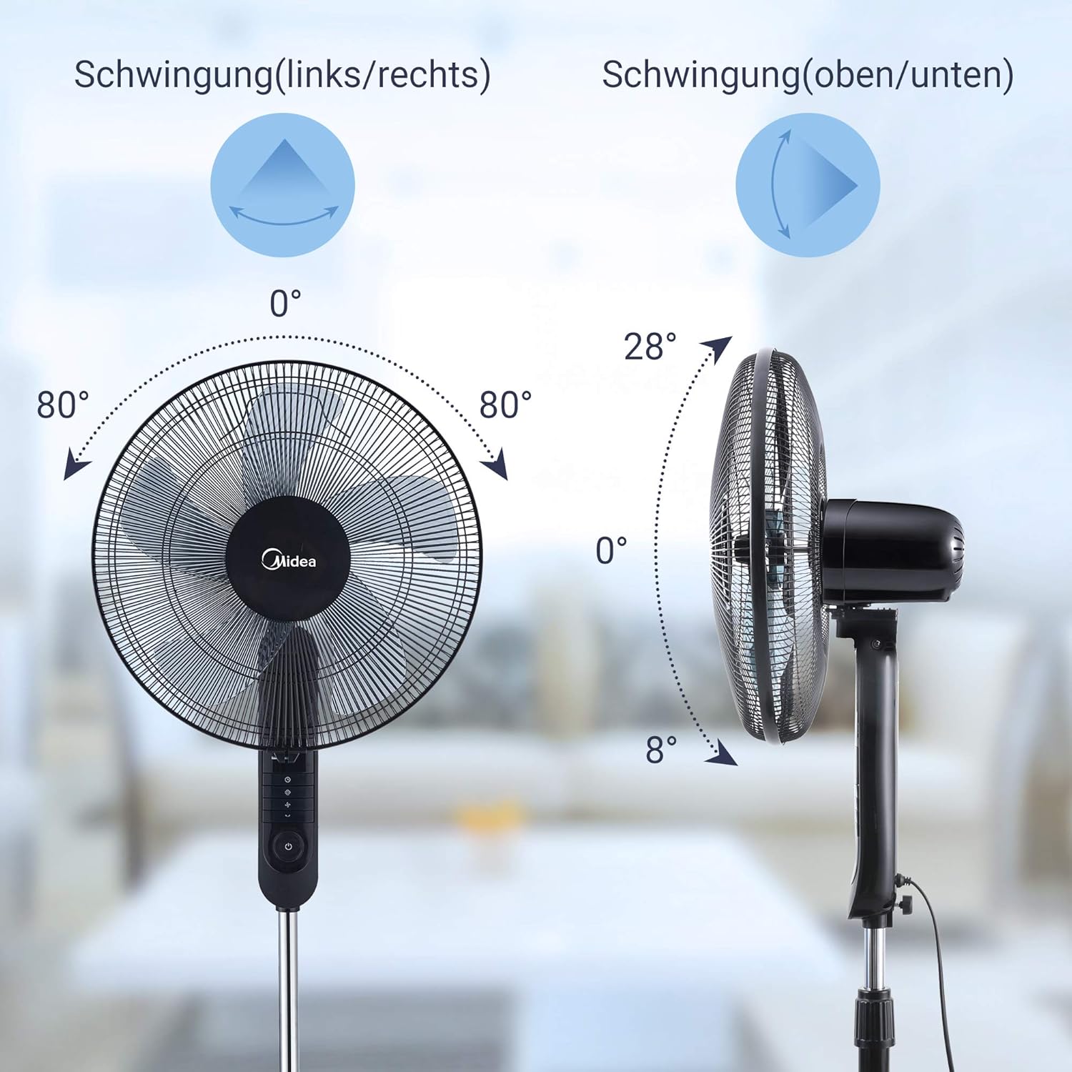 مروحة من Midea العمودية مقاس 16 بوصة – 3 سرعات، تحكم عن بعد، مؤقت 7.5 ساعة