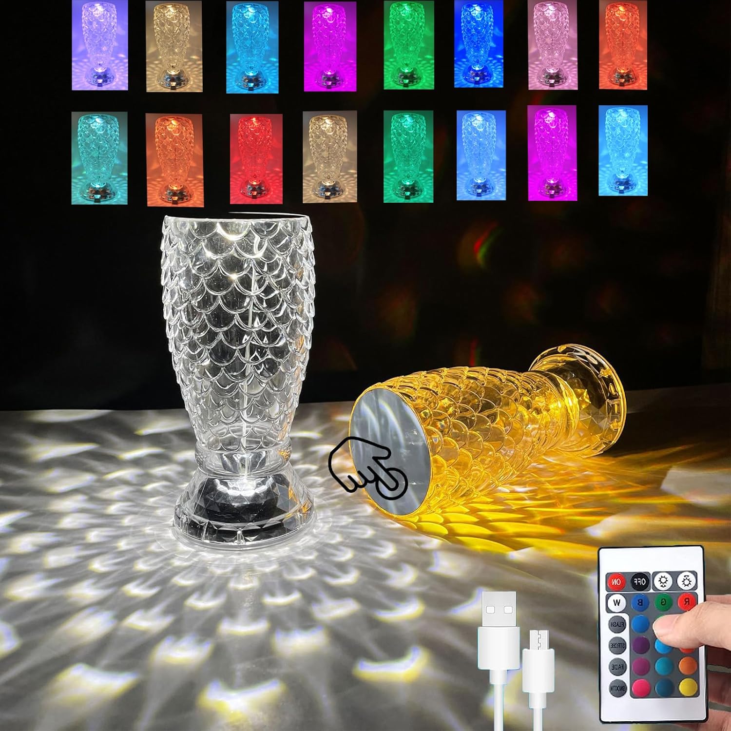 Crystal Table Lamp 16 Colors Changing RGB Diamond Acrylic Desk Lamp Touch & Remote Control Rechargeable LED Night Light Bedside Light for Bedroom Living Room Table Decor Gift