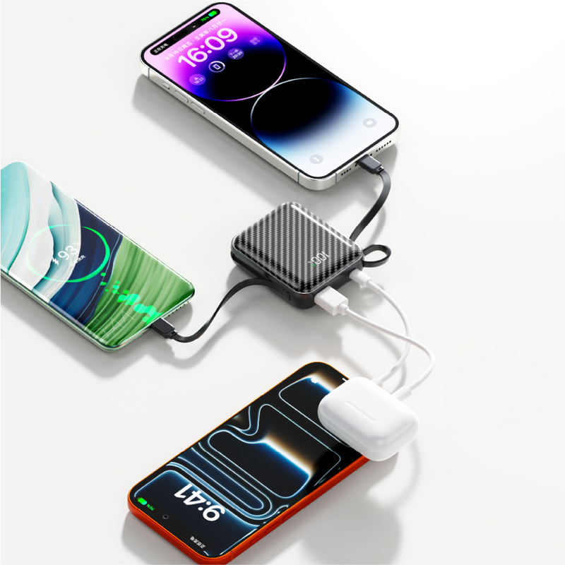 Asli ChargeFlux Mini بطارية متنقلة 10000 مللي أمبير مع كابلي USB-C وLightning مدمجين، شحن سريع PD بقدرة 35 واط 