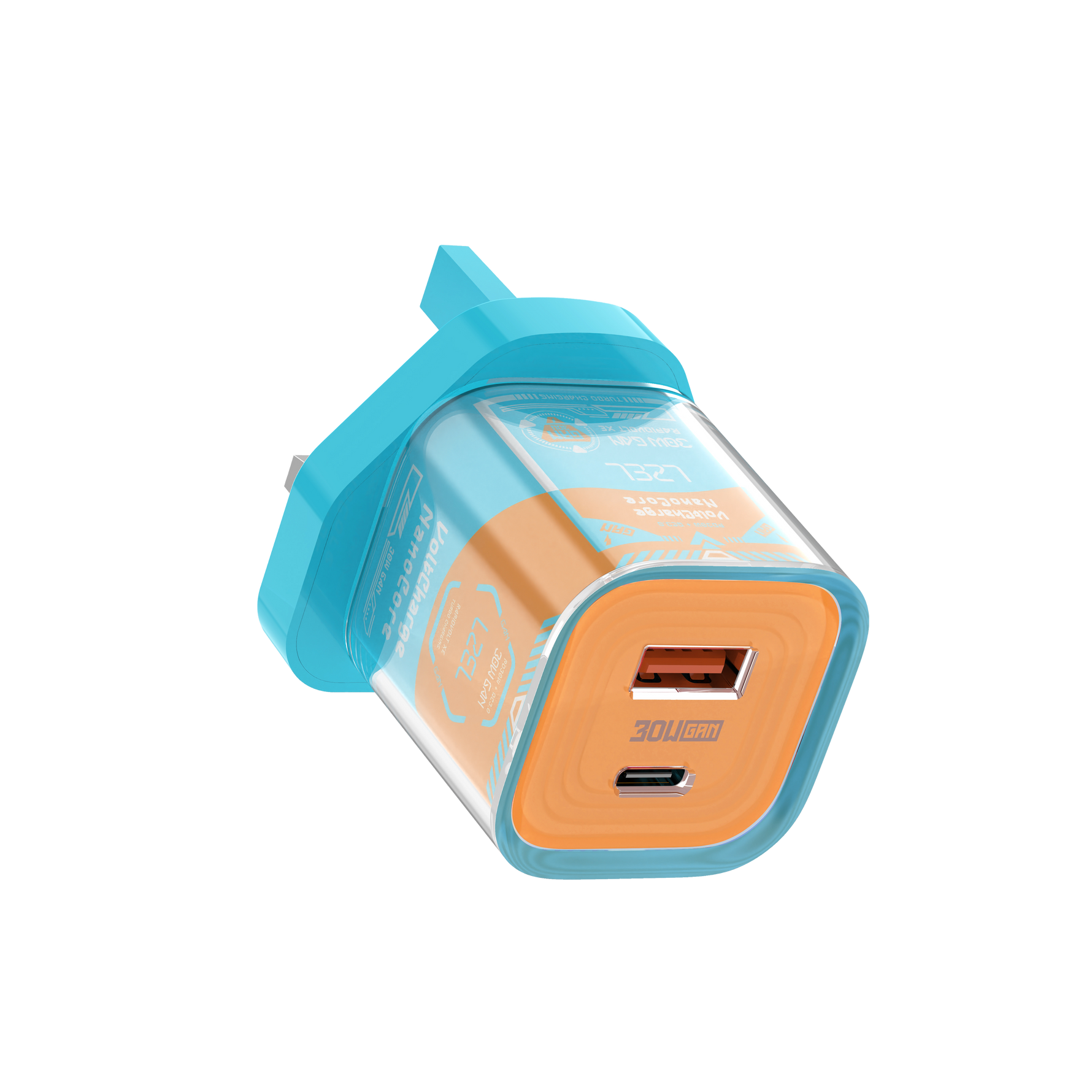 LZEL VoltCharge NanoCore – 30W GaN Transparent Wall Charger | Sky Blue/Orange
