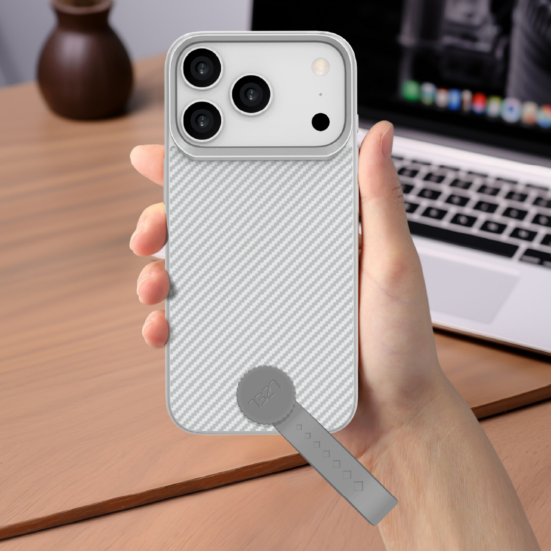LZEL MagCarbon Strap Carbon Design with 360° Grip and Raised-Edge Protection Case for iPhone 17 Pro | Light Gray